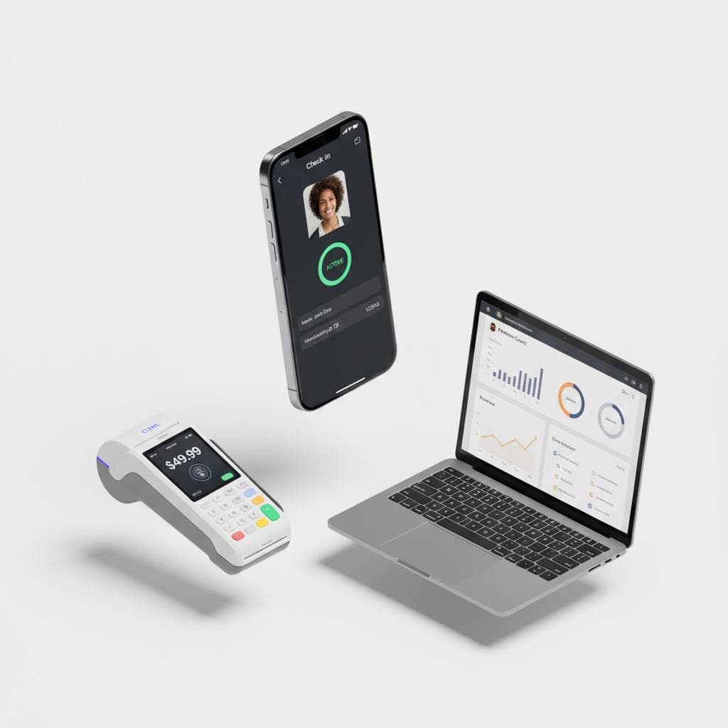 Qubi360 multi-device platform showing iPhone, POS terminal, and laptop