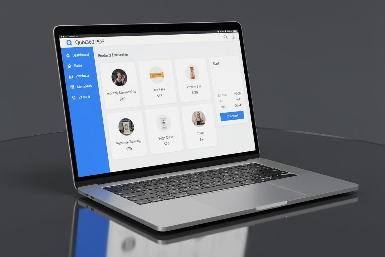 Qubi360 POS system running on laptop at gym front desk