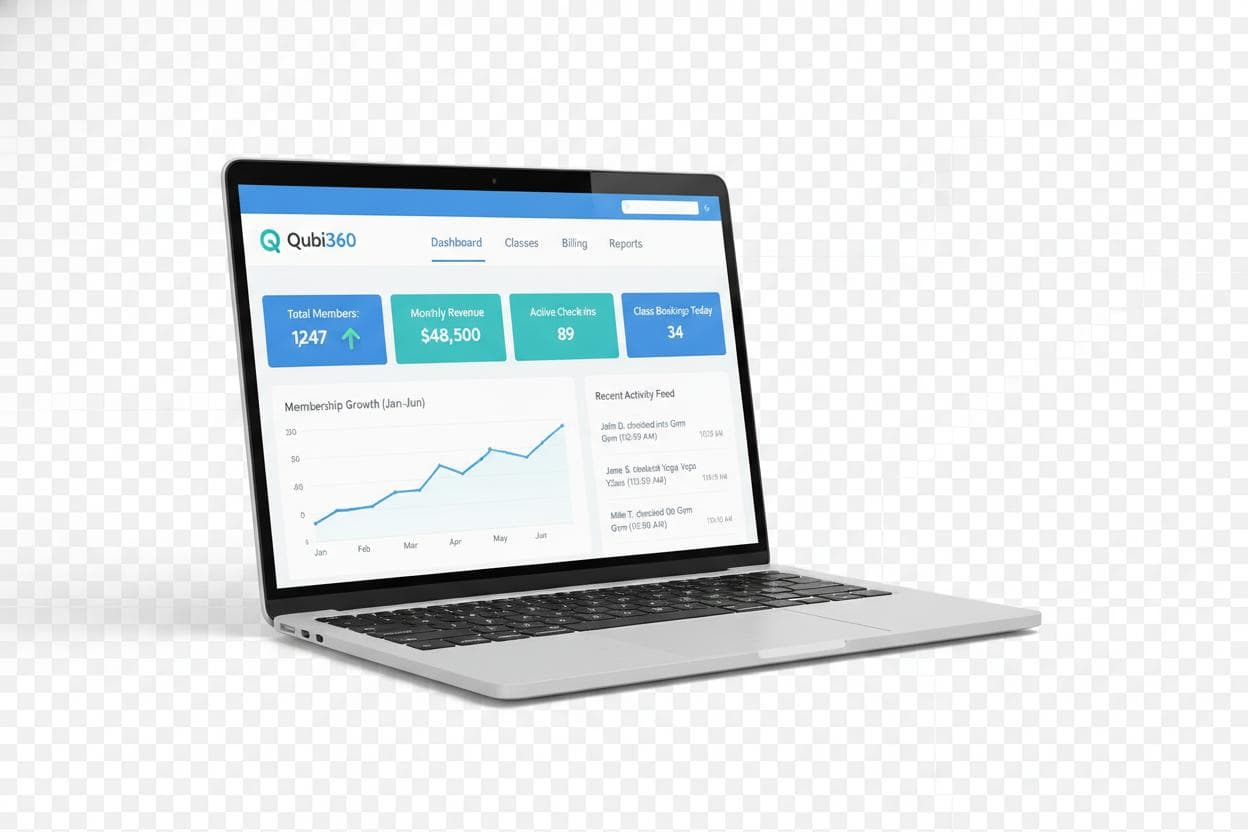 Qubi360 gym management dashboard on laptop